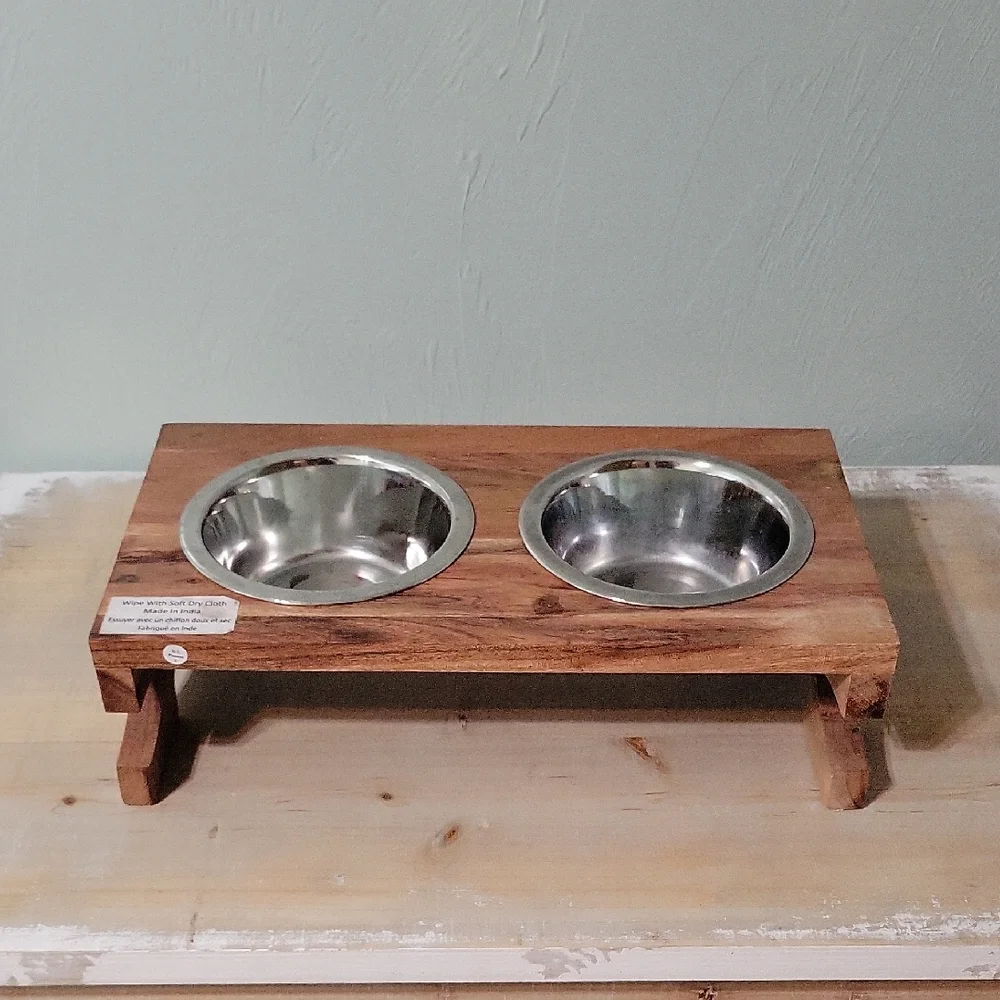 Small Wooden Elevated Pet Feeder with Stainless Steel Bowls